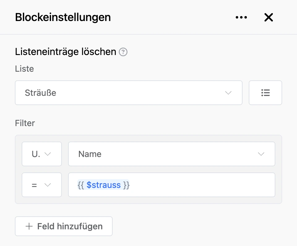Einstellungspanel des Blocks „Listeneinträge löschen“