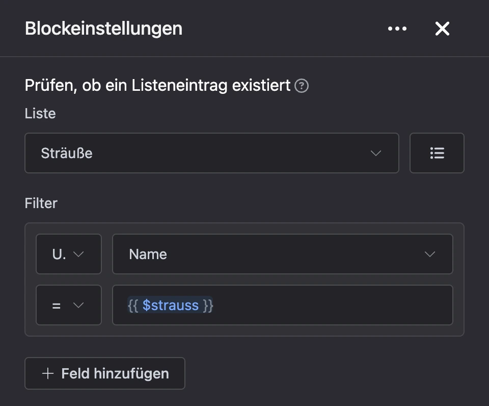 Einstellungspanel des Blocks „Prüfen, ob ein Listeneintrag existiert“