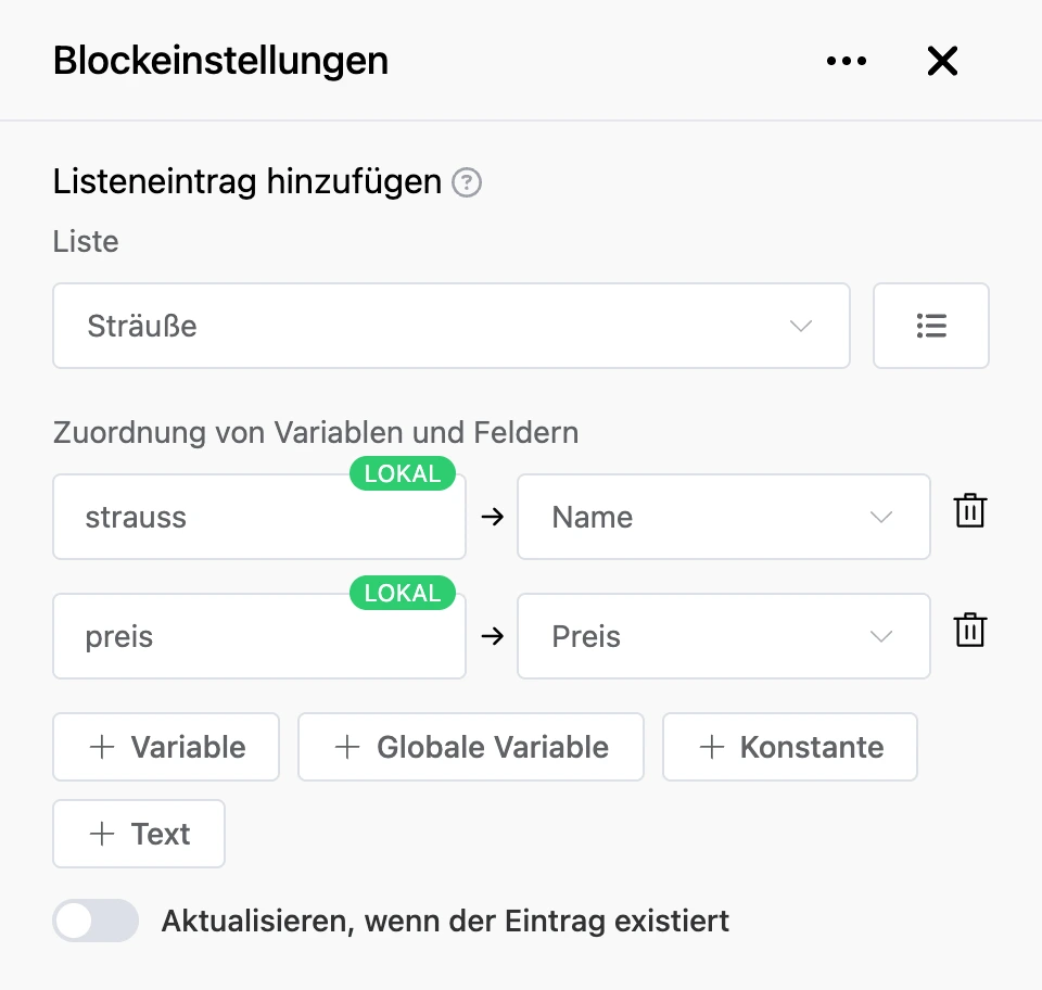 Einstellungspanel des Blocks „Listeneintrag hinzufügen“