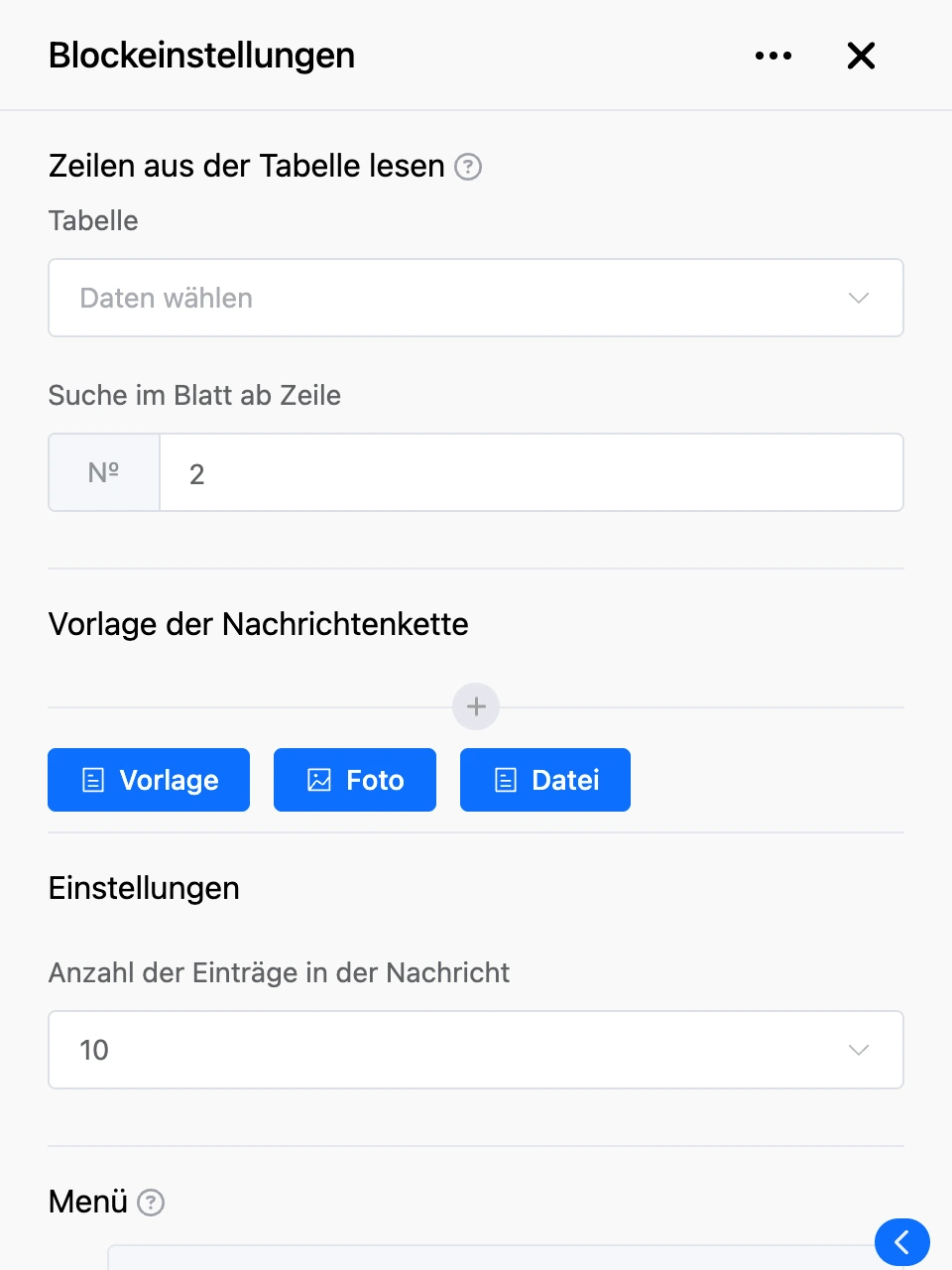 Einstellungspanel des Blocks „Zeilen aus der Tabelle lesen“
