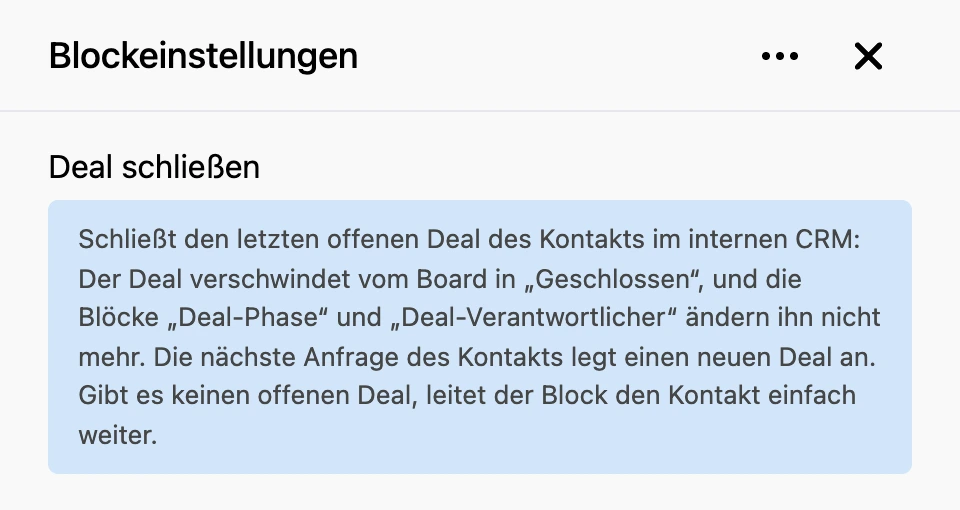 Einstellungspanel des Blocks „Deal schließen“