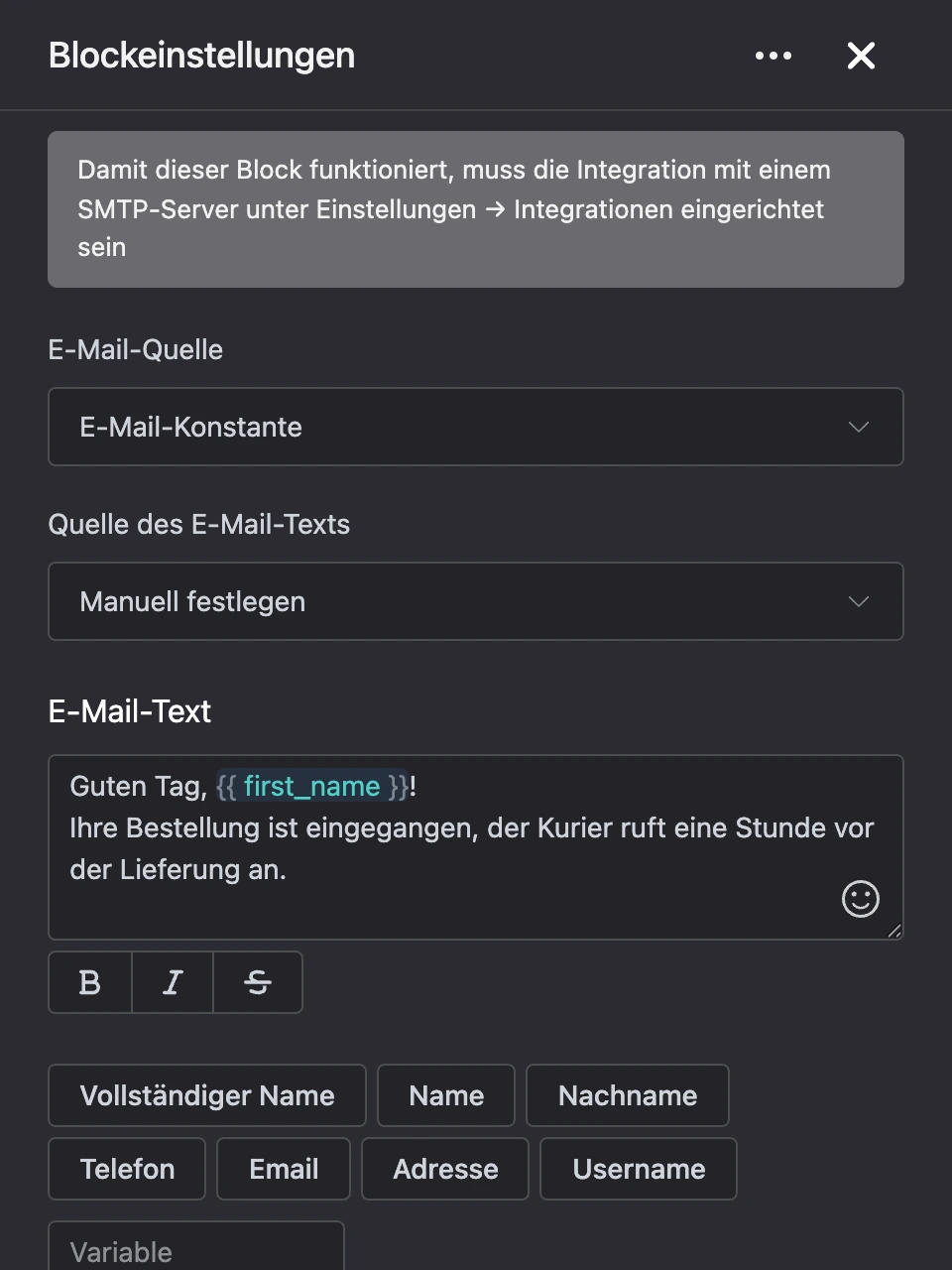 Einstellungspanel des Blocks „E-Mail senden“
