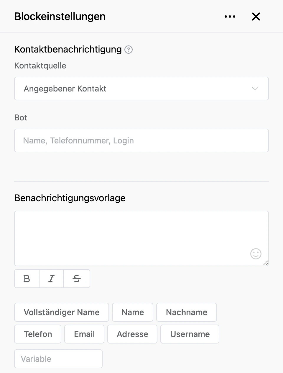 Einstellungspanel des Blocks „Kontaktbenachrichtigung“