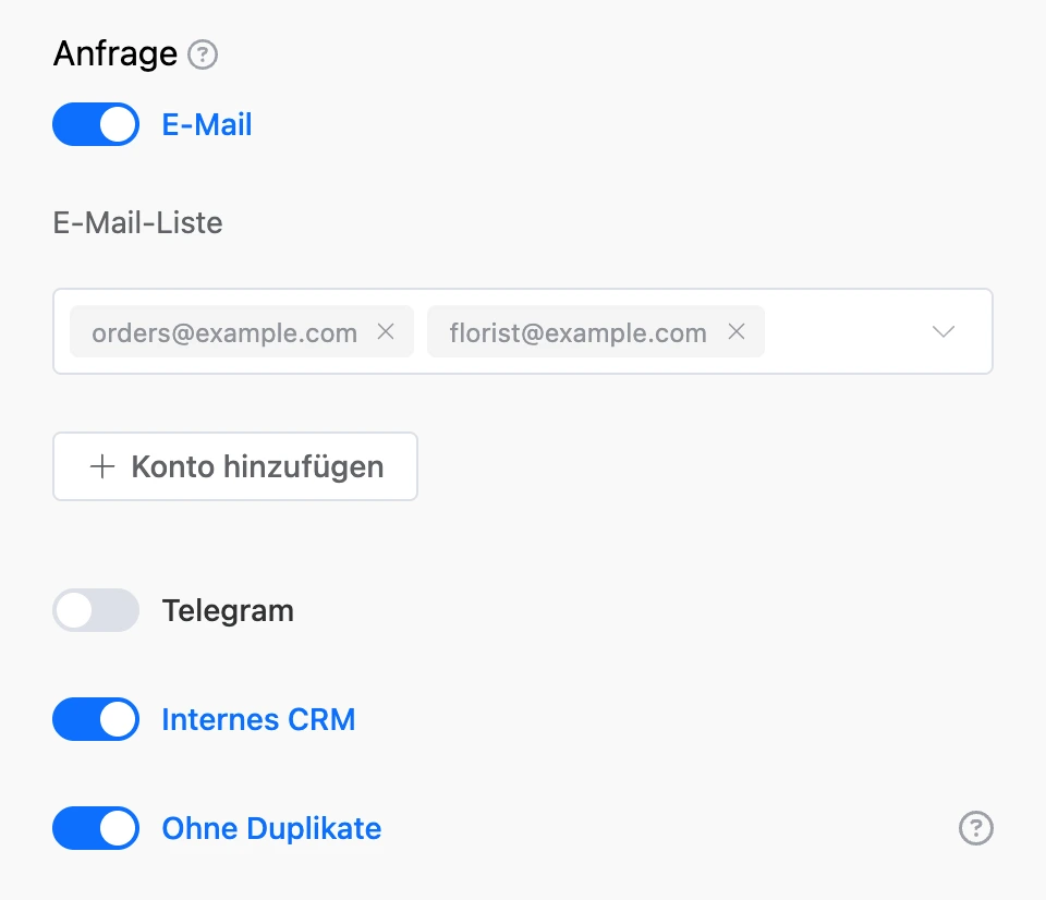 Block „Anfrage“: E-Mail mit zwei Empfängern, internes CRM und „Ohne Duplikate“ aktiv