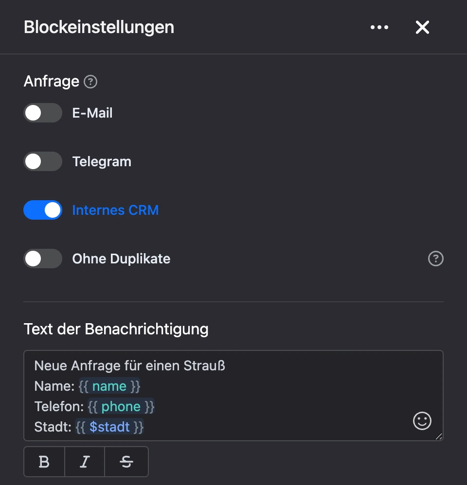 Einstellungspanel des Blocks „Anfrage“