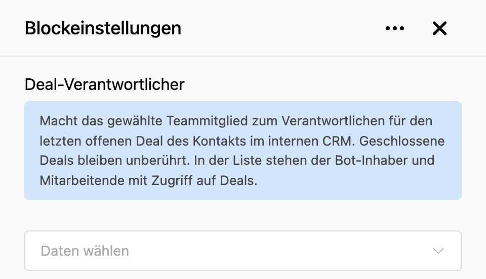 Einstellungspanel des Blocks „Deal-Verantwortlicher“