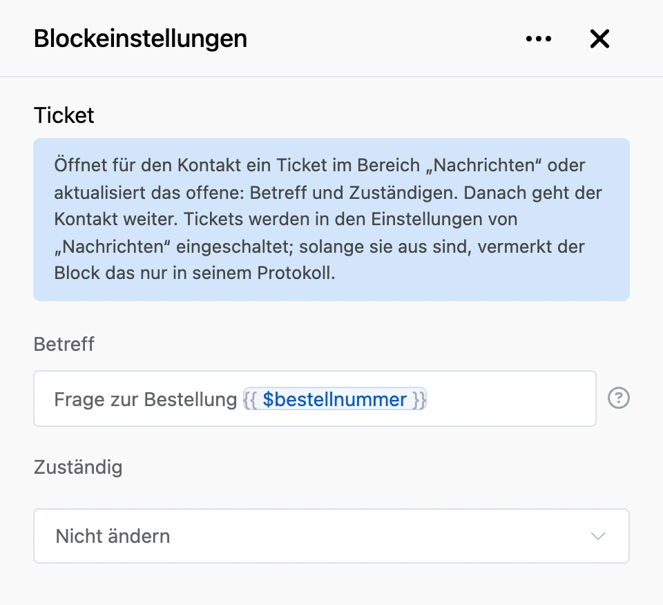 Einstellungspanel des Blocks „Ticket“