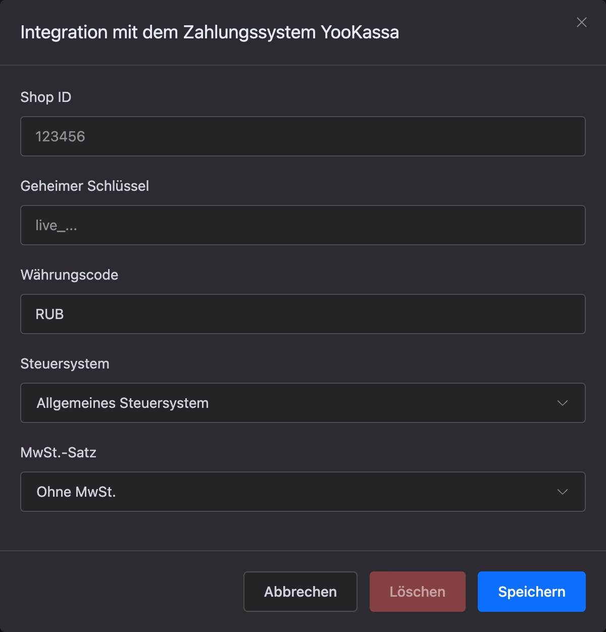 Verbindungsfenster für YooKassa in den Integrationen des Bots: Shop-ID, geheimer Schlüssel, Währung, Steuern