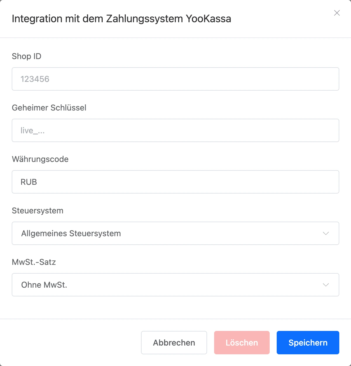 Verbindungsfenster für YooKassa in den Integrationen des Bots: Shop-ID, geheimer Schlüssel, Währung, Steuern