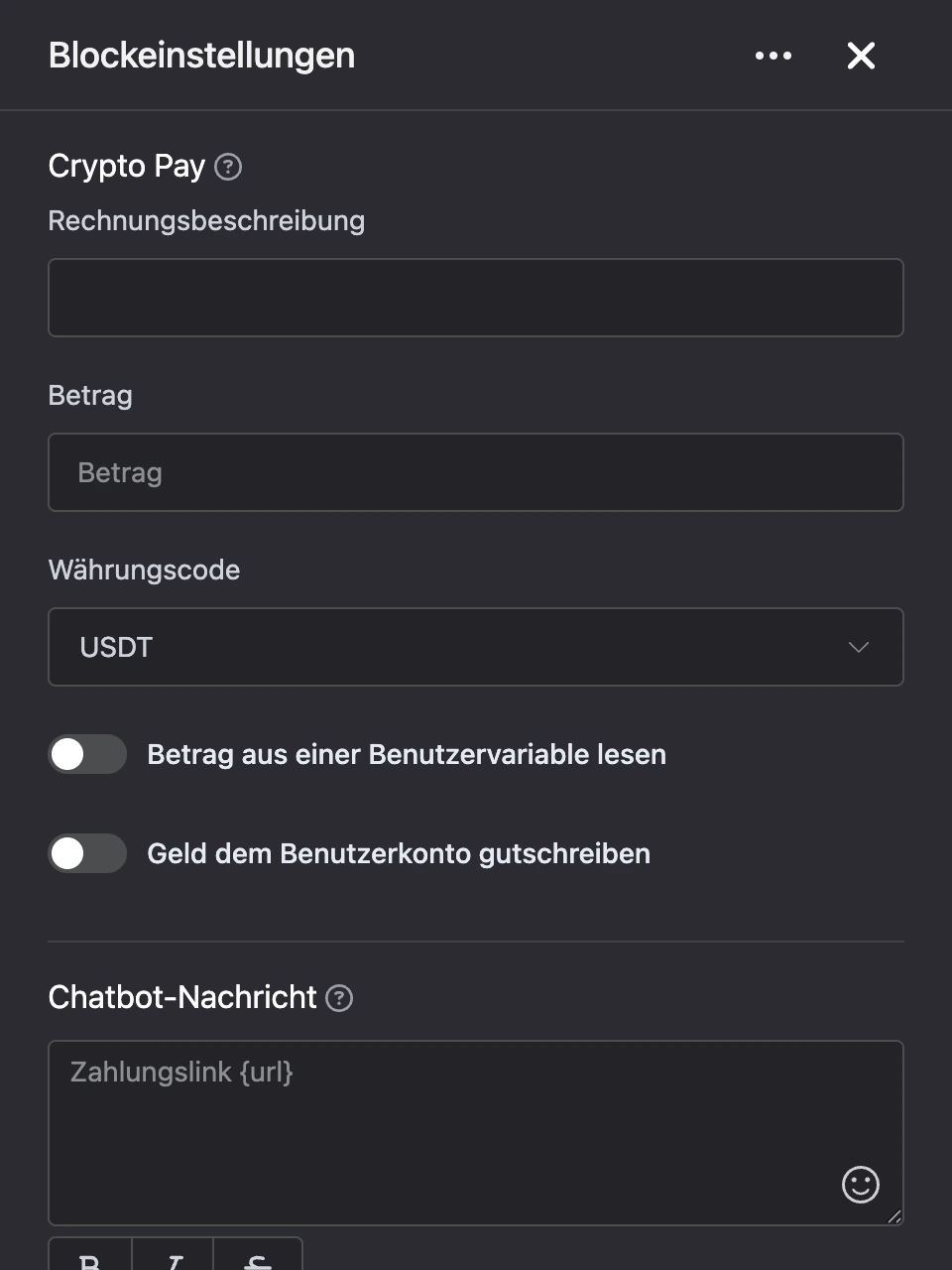 Einstellungspanel des Blocks „Crypto Pay“