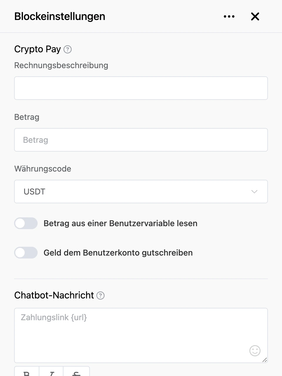 Einstellungspanel des Blocks „Crypto Pay“