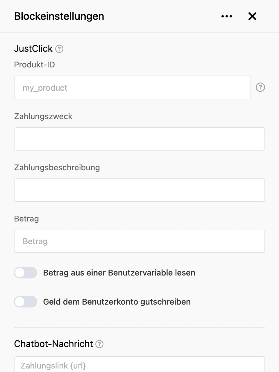 Einstellungspanel des Blocks „JustClick“