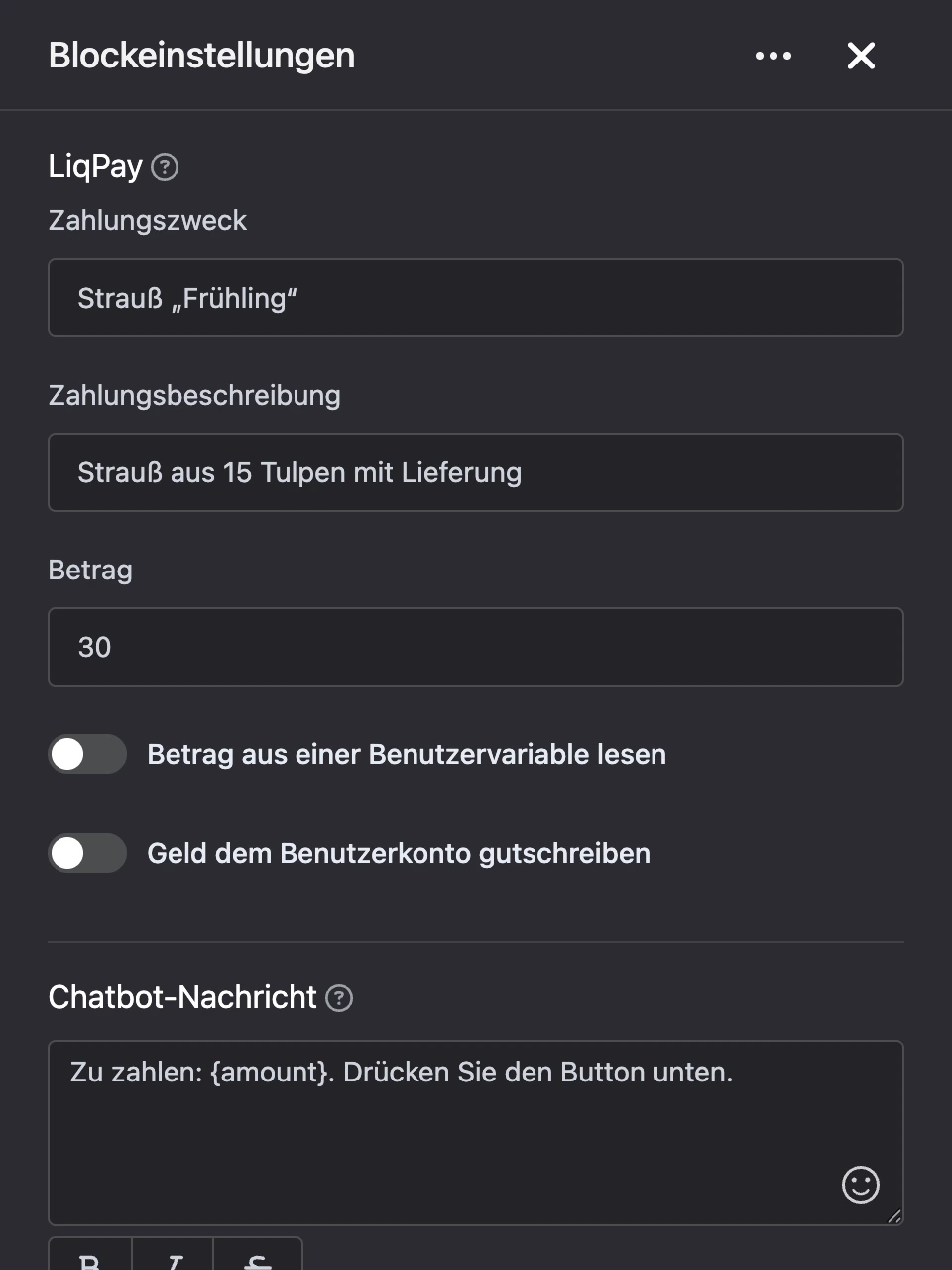 Einstellungspanel des Blocks „LiqPay“