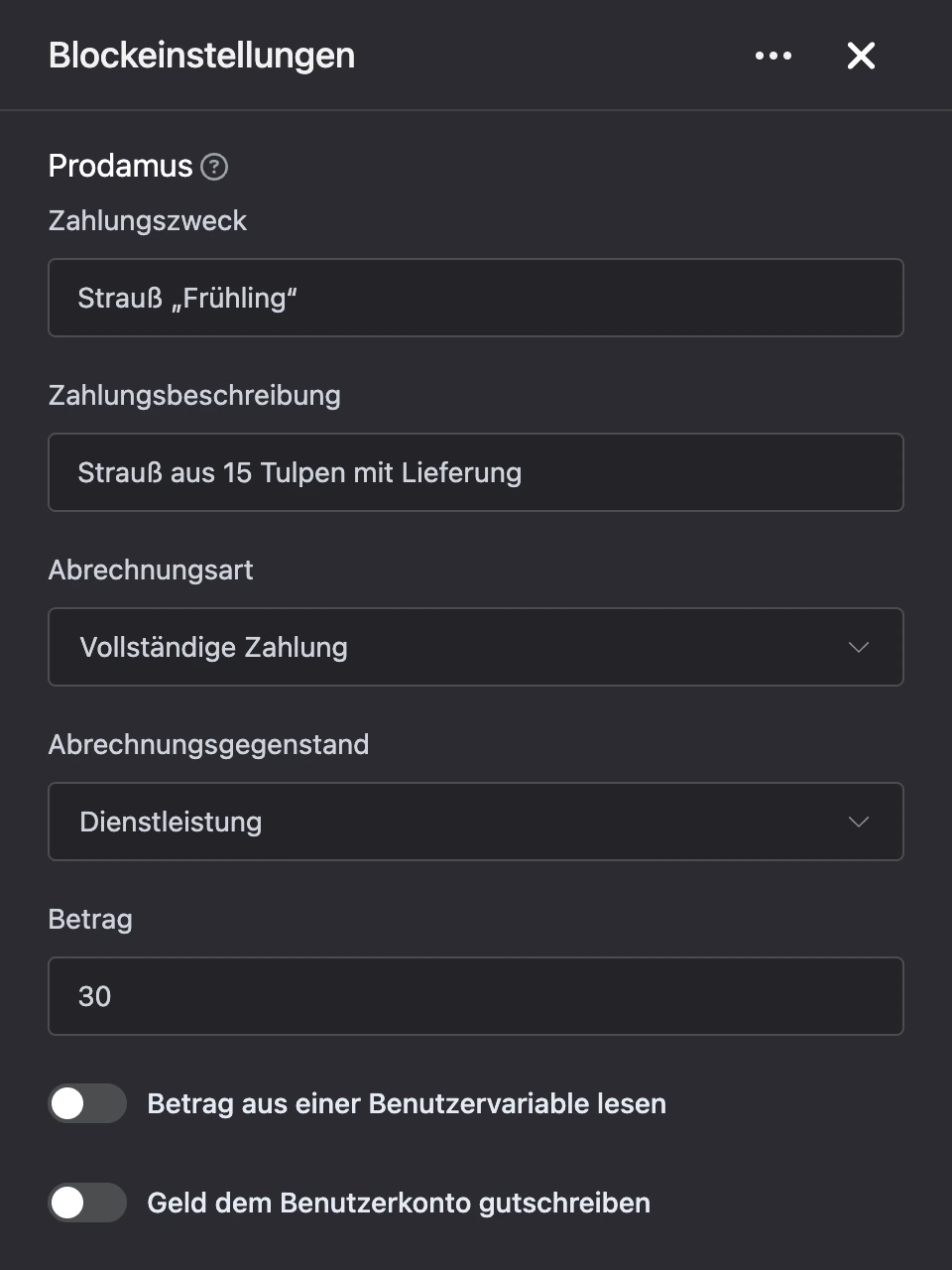 Einstellungspanel des Blocks „Prodamus“