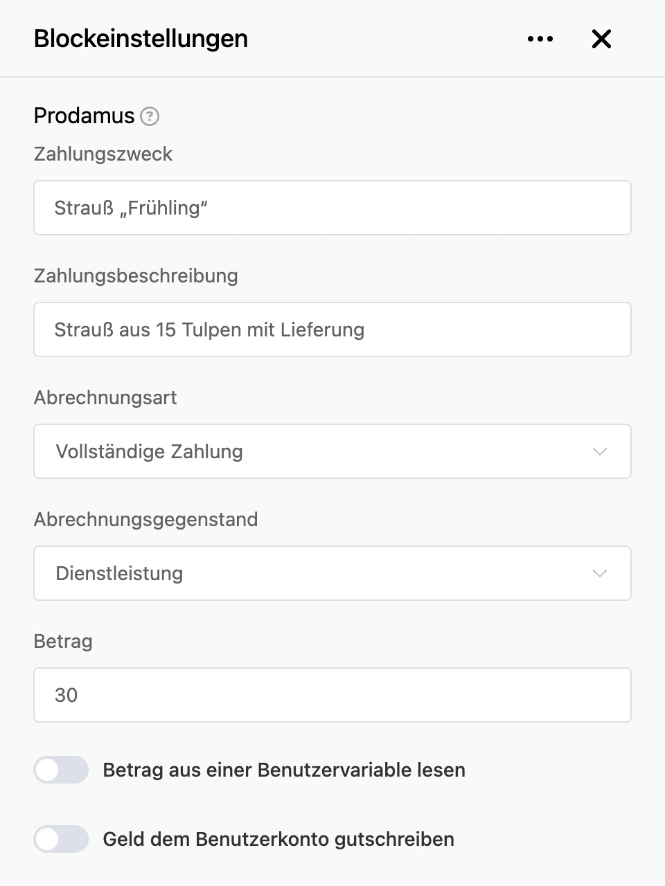 Einstellungspanel des Blocks „Prodamus“