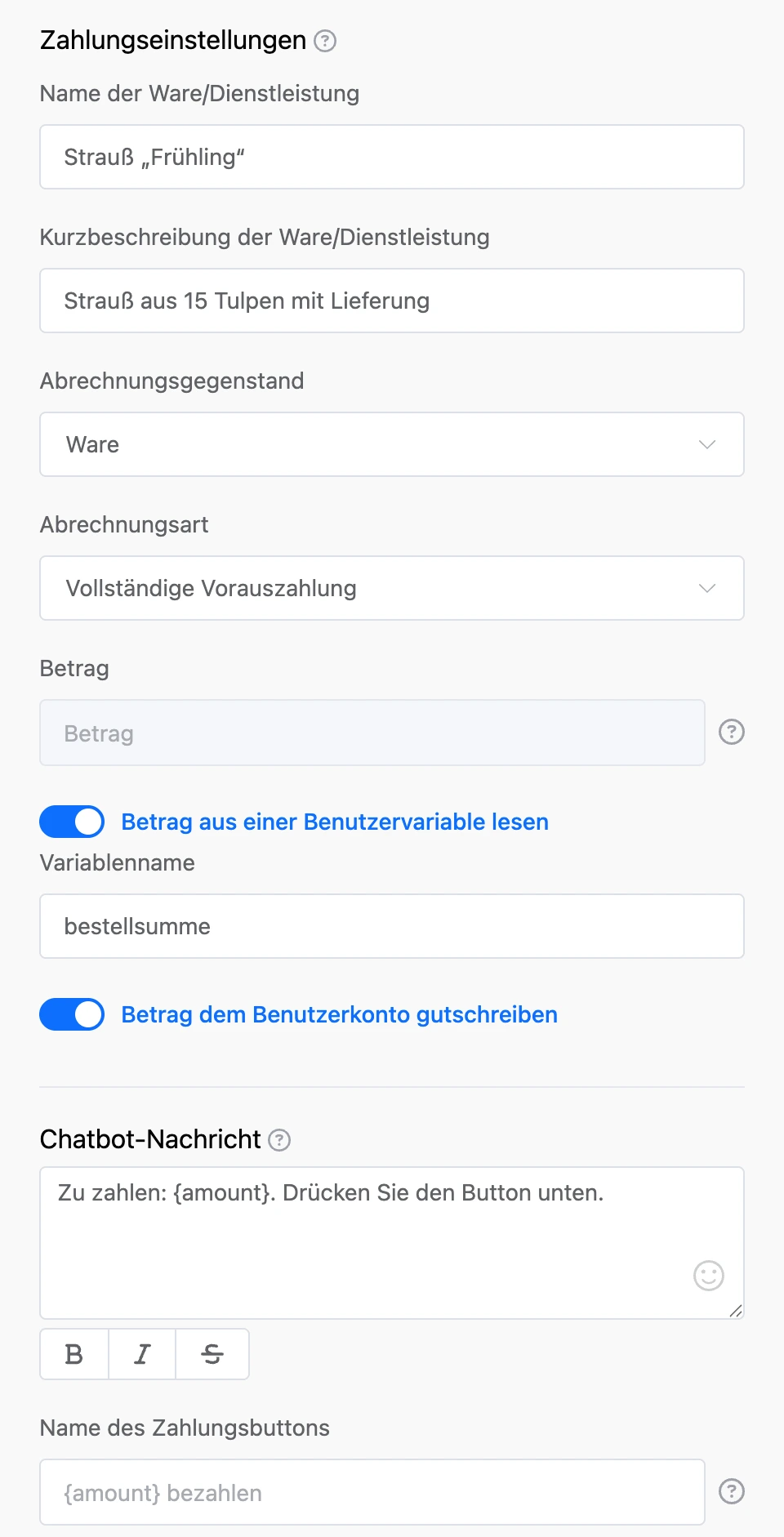 Einstellungen des Zahlungsblocks: Zweck und Beschreibung, Betrag aus einer Variable, Gutschrift auf das Kontaktkonto, Nachricht und Button