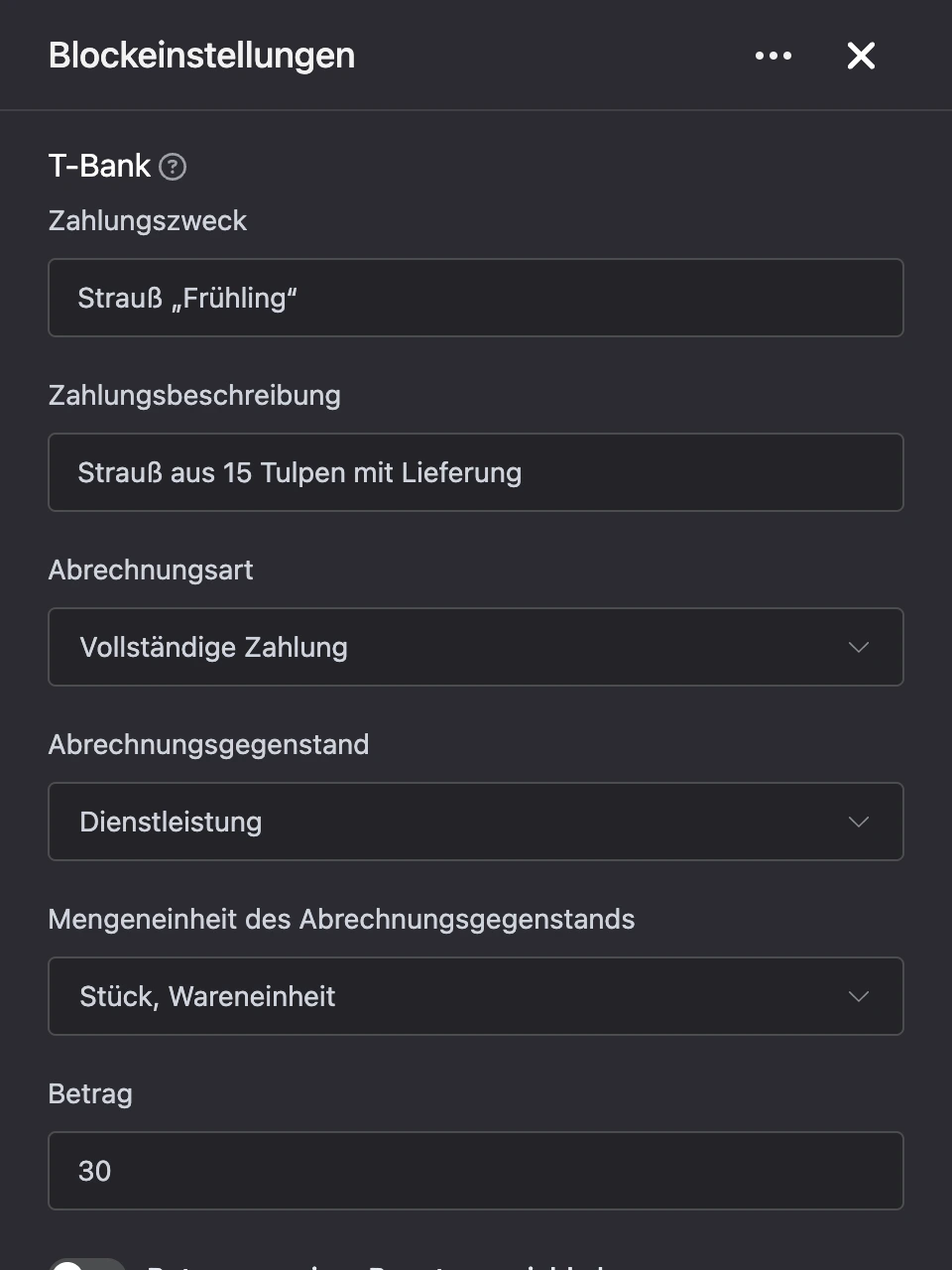 Einstellungspanel des Blocks „T-Bank“