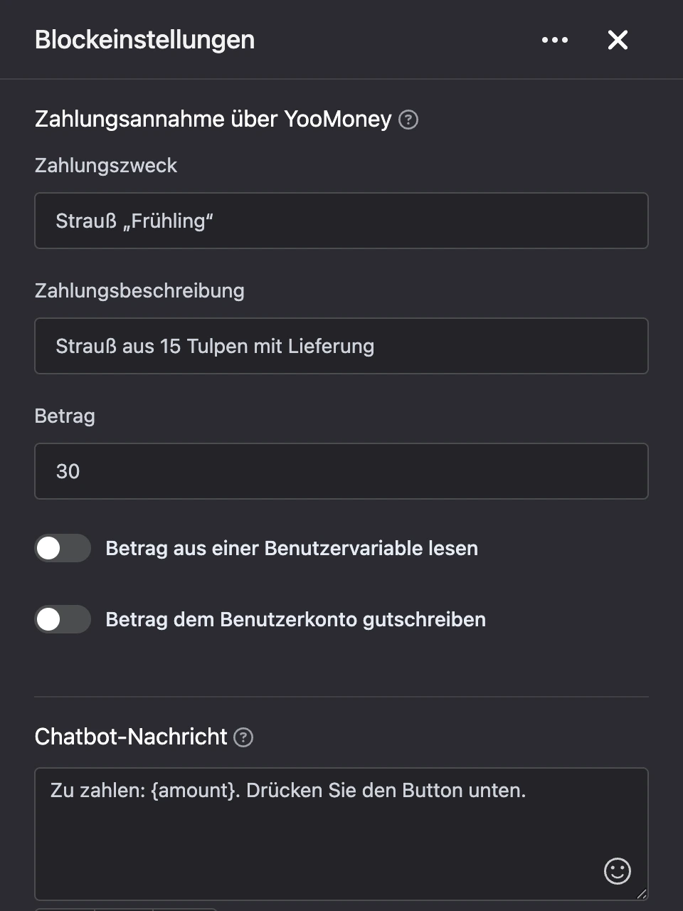 Einstellungspanel des Blocks „YooMoney“