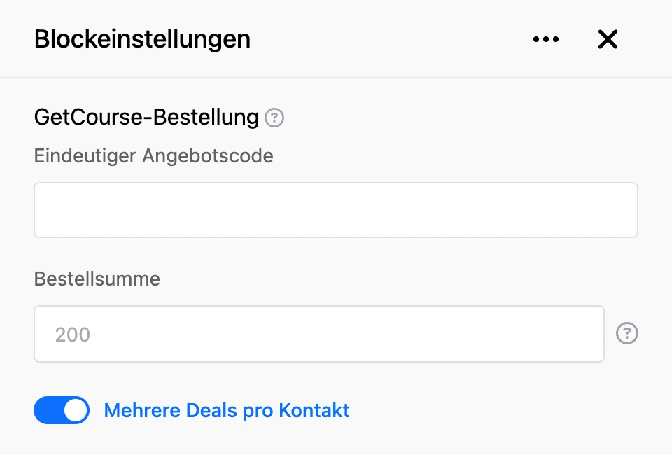 Einstellungspanel des Blocks „GetCourse-Bestellung“