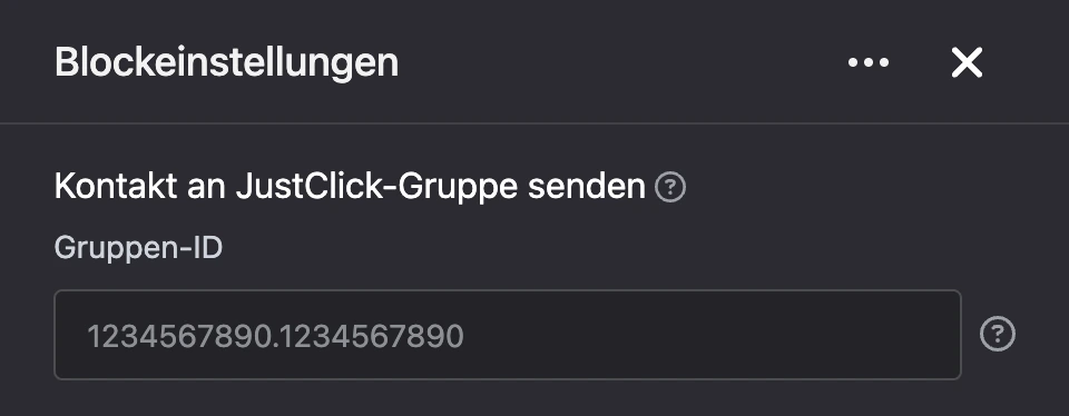 Einstellungspanel des Blocks „Kontakt an JustClick-Gruppe senden“