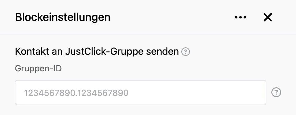 Einstellungspanel des Blocks „Kontakt an JustClick-Gruppe senden“