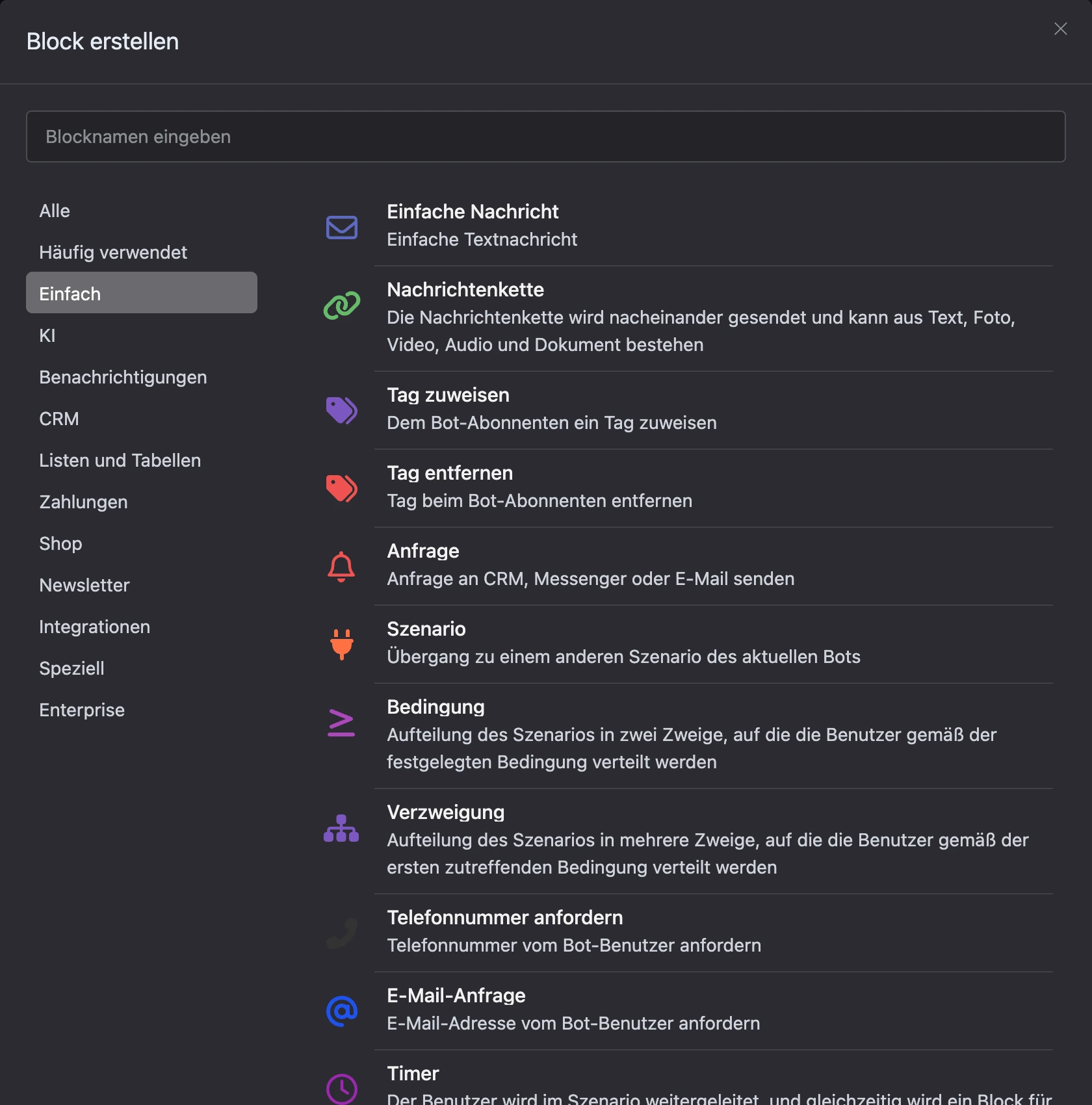 Das Fenster „Block erstellen“: links die Kategorien, dazu Suche und Liste der Blöcke