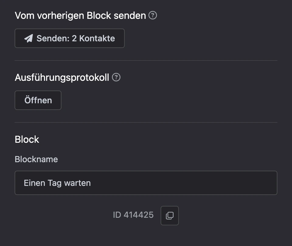 Gemeinsame Bereiche unten im Panel: „Vom vorherigen Block senden“, „Ausführungsprotokoll“ und „Block“