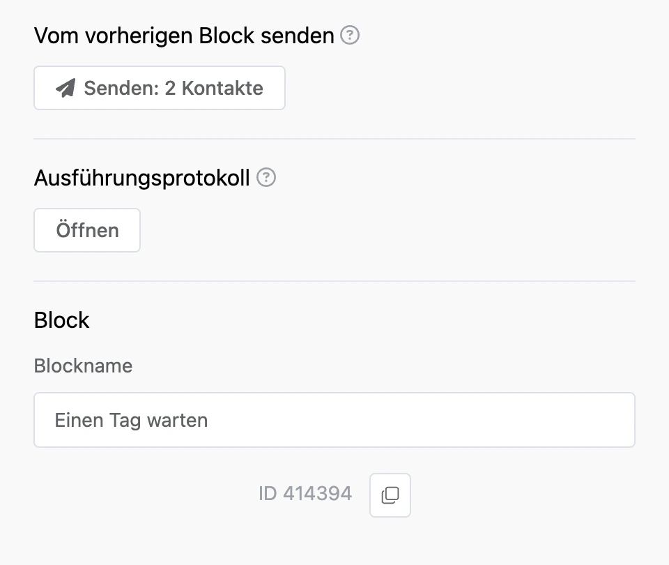 Gemeinsame Bereiche unten im Panel: „Vom vorherigen Block senden“, „Ausführungsprotokoll“ und „Block“
