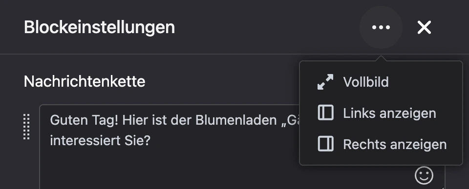 Das Menü „⋯“ im Kopf des Einstellungsbereichs: Vollbild, links, rechts