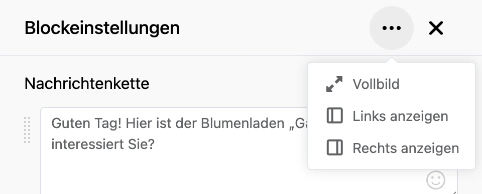 Das Menü „⋯“ im Kopf des Einstellungsbereichs: Vollbild, links, rechts