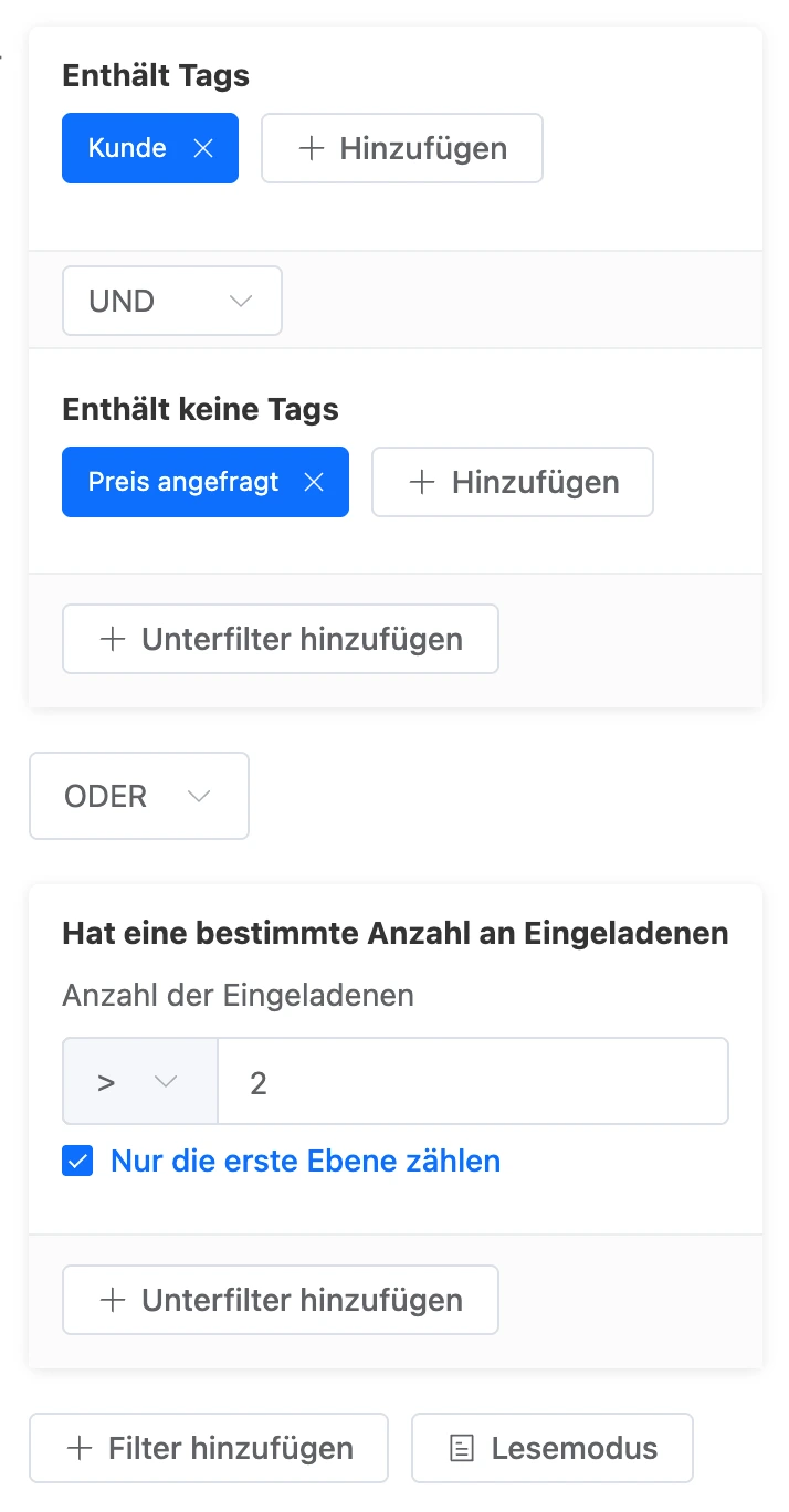 Filter im Bearbeitungsmodus: eine Gruppe aus zwei Bedingungen mit UND und eine zweite Gruppe mit ODER