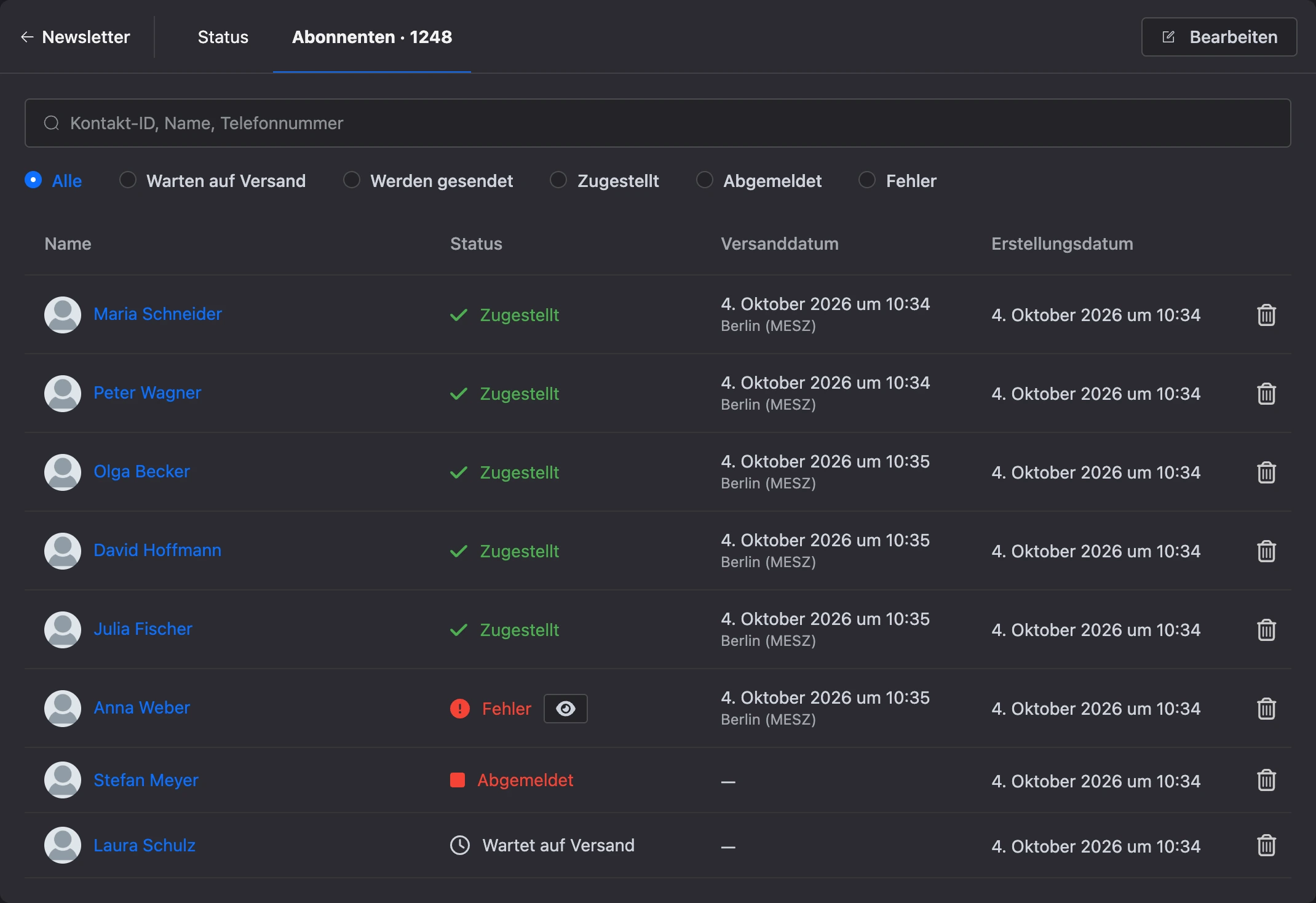 Tab „Abonnenten“: Suche, Statusfilter, Empfänger mit Status und Sendezeit