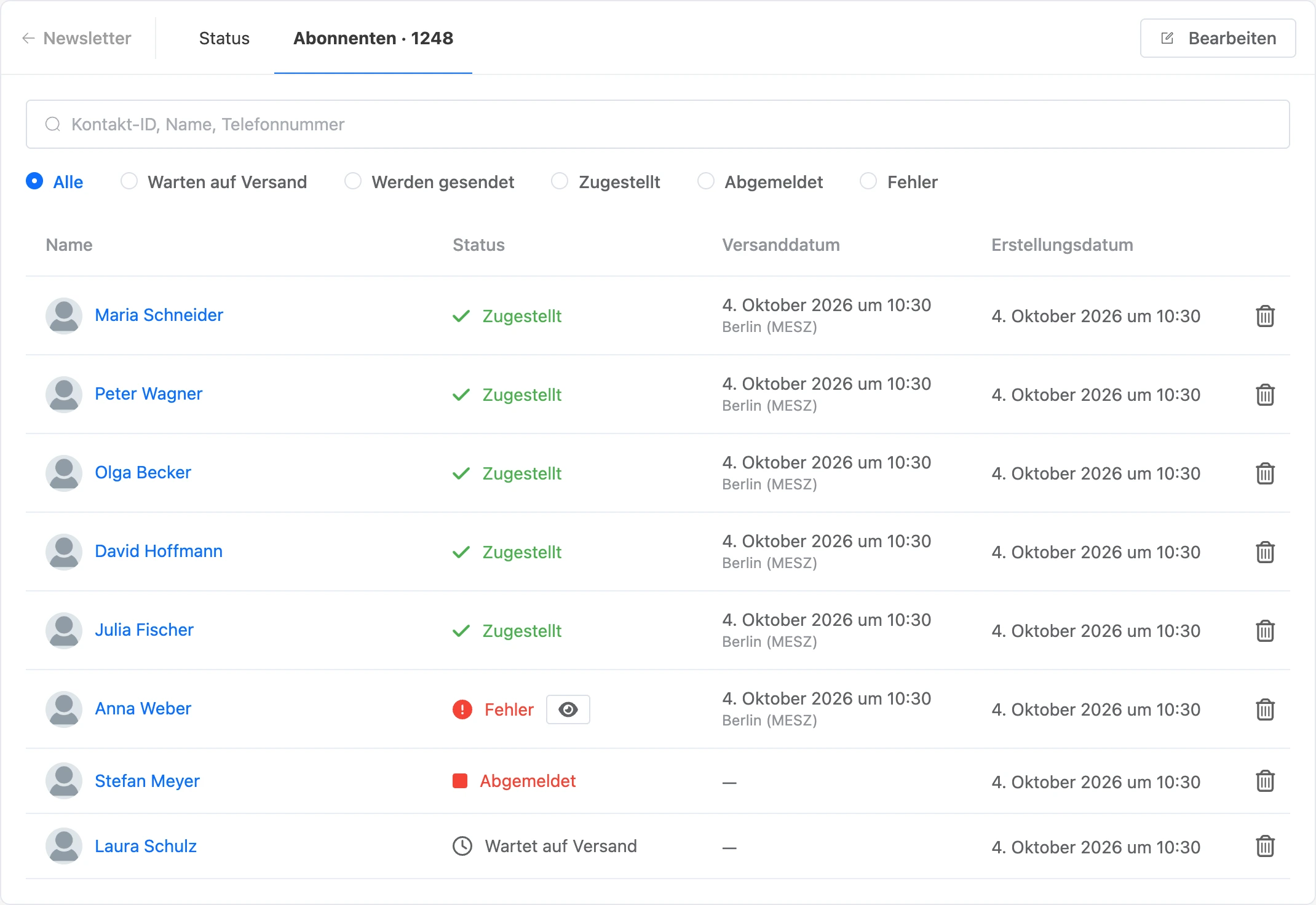 Tab „Abonnenten“: Suche, Statusfilter, Empfänger mit Status und Sendezeit