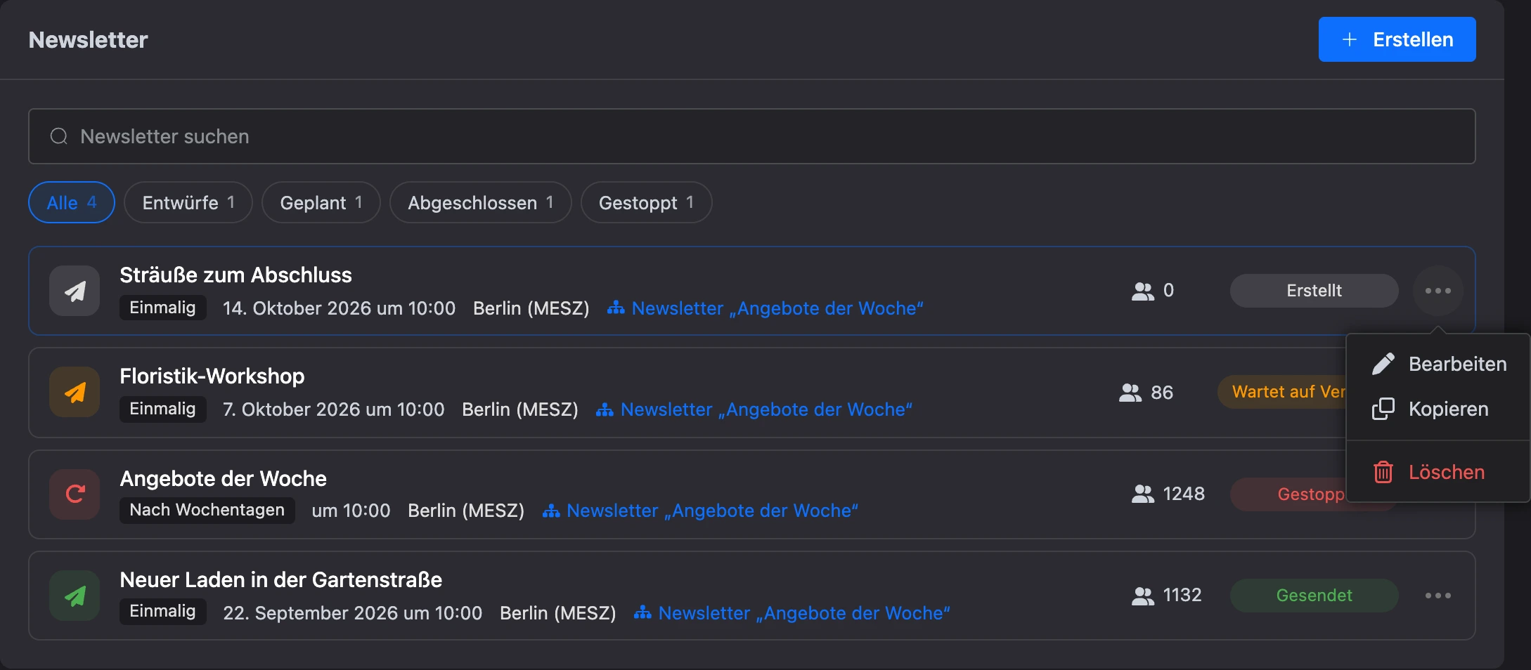Newsletter-Liste mit geöffnetem Menü „⋯“: bearbeiten, kopieren, löschen