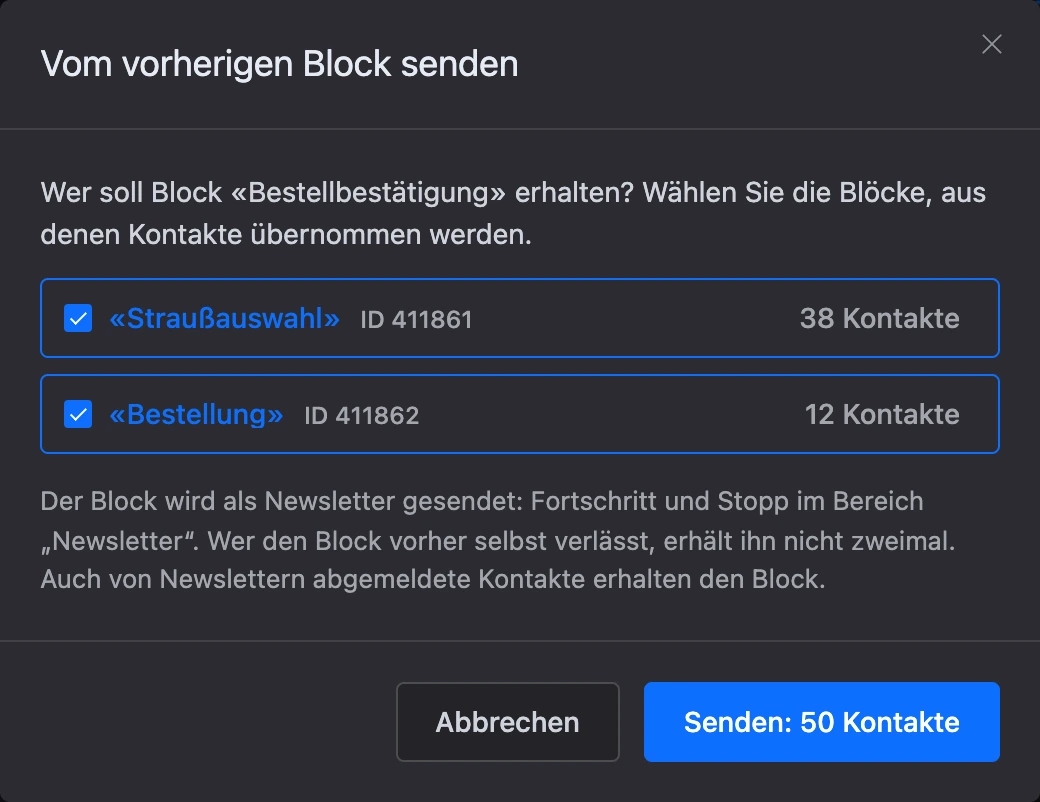 Fenster „Vom vorherigen Block senden“: die Blöcke vor dem gewählten und die Zahl der Kontakte auf jedem