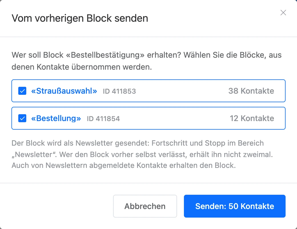 Fenster „Vom vorherigen Block senden“: die Blöcke vor dem gewählten und die Zahl der Kontakte auf jedem