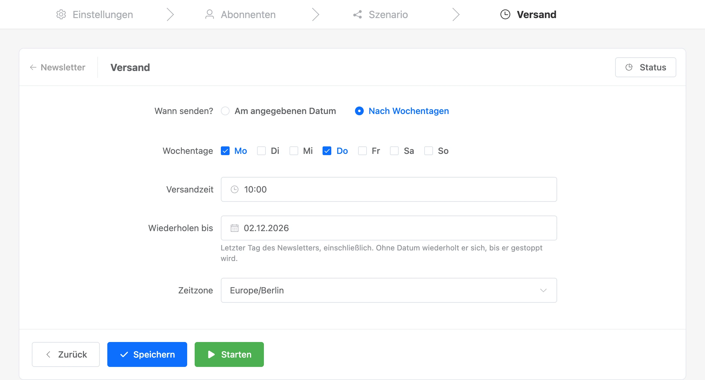 Schritt „Versand“: Newsletter nach Wochentagen mit Enddatum