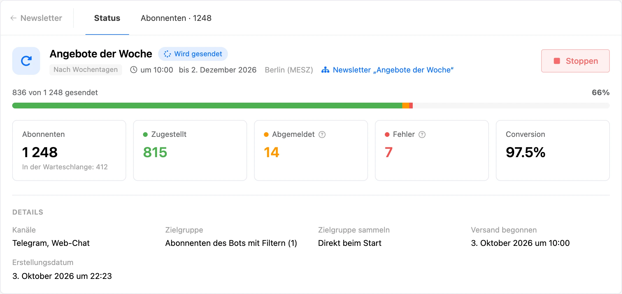 Seite des Newsletters: Verlauf des Versands, Zähler und Details