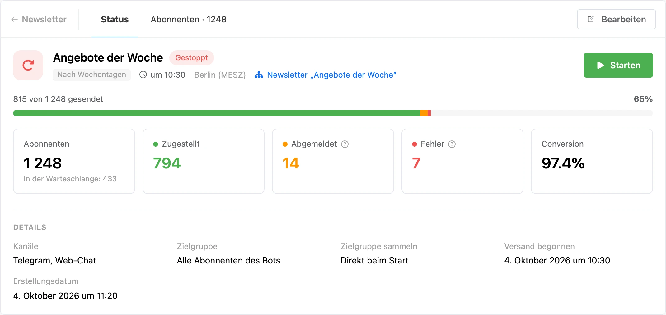 Gestoppter Newsletter: 815 von 1.248 gesendet, Button „Starten“