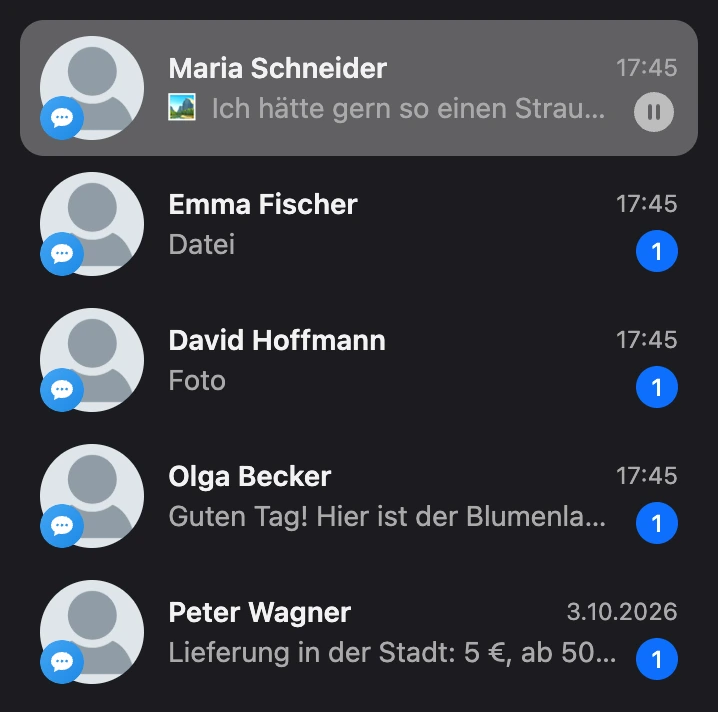 Liste der Dialoge: bei jedem Kontakt das Kanalsymbol, Uhrzeit oder Datum der letzten Nachricht, ihr Anfang und die Zahl der ungelesenen