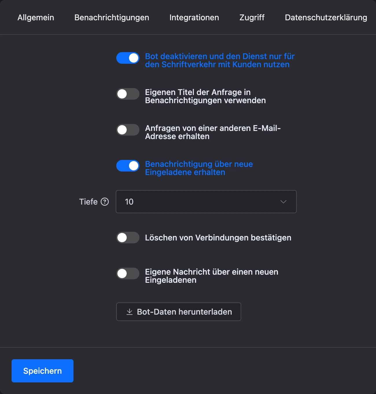 Tab „Erweitert“ in den Bot-Einstellungen: Modus nur für Chats aktiv