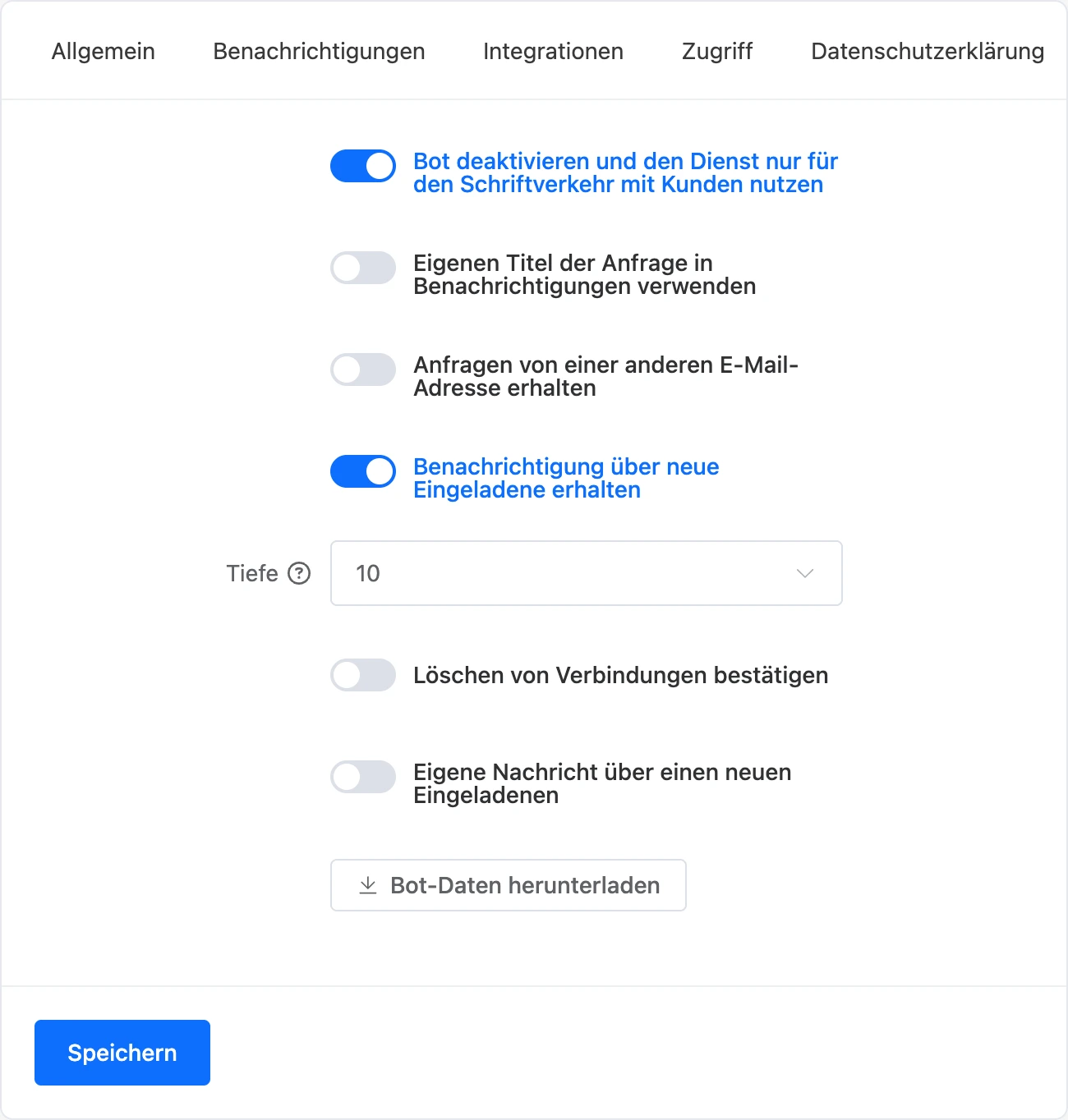 Tab „Erweitert“ in den Bot-Einstellungen: Modus nur für Chats aktiv