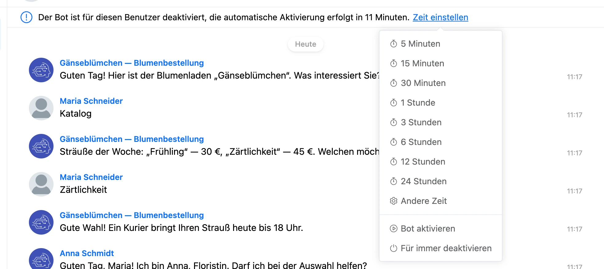 Menü „Zeit einstellen“: von 5 Minuten bis 24 Stunden, „Andere Zeit“, „Bot aktivieren“, „Dauerhaft deaktivieren“