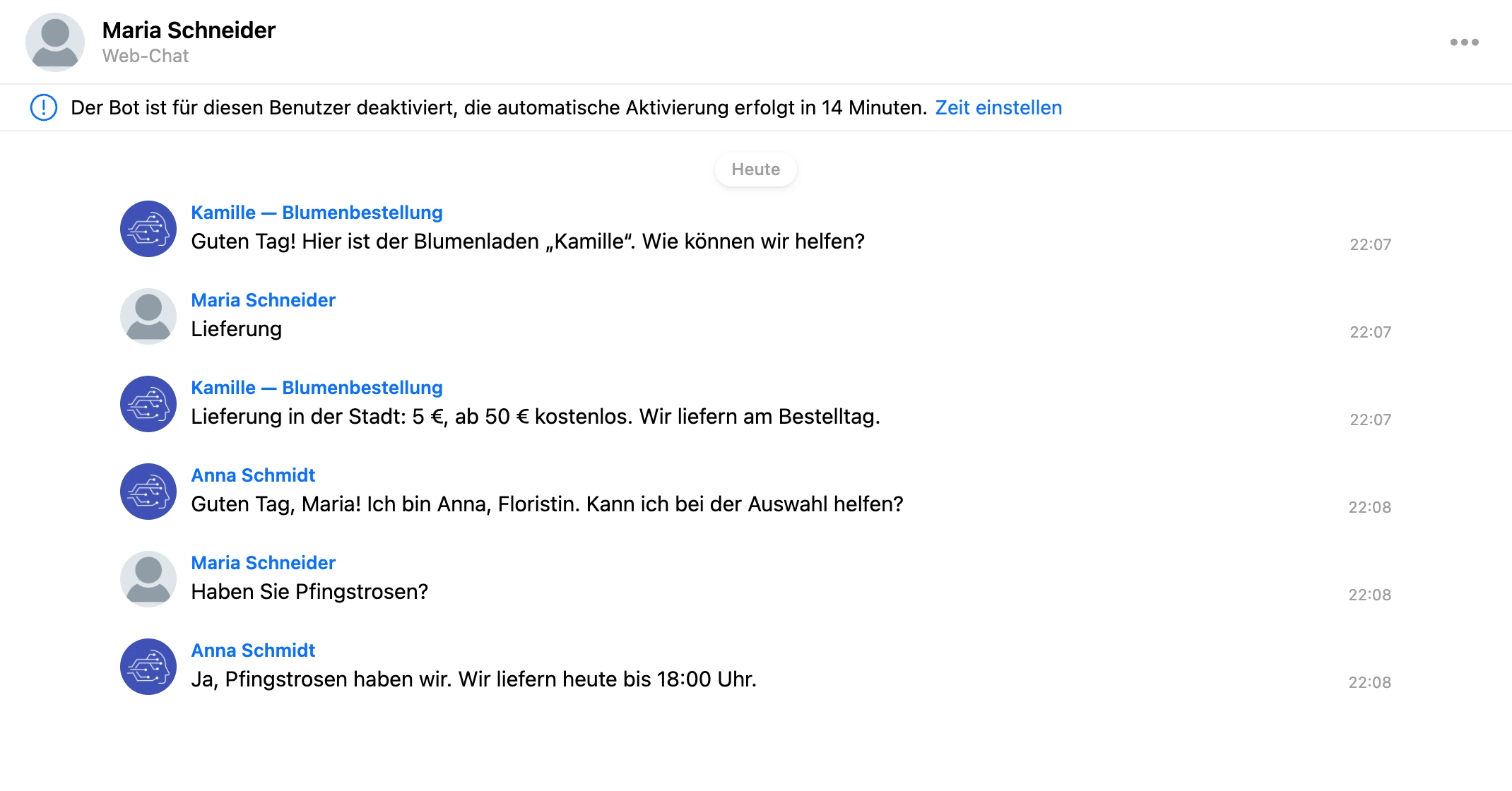 Pausenhinweis über dem Schriftverkehr: Der Bot ist für den Kontakt ausgeschaltet, daneben der Link zum Ändern der Zeit