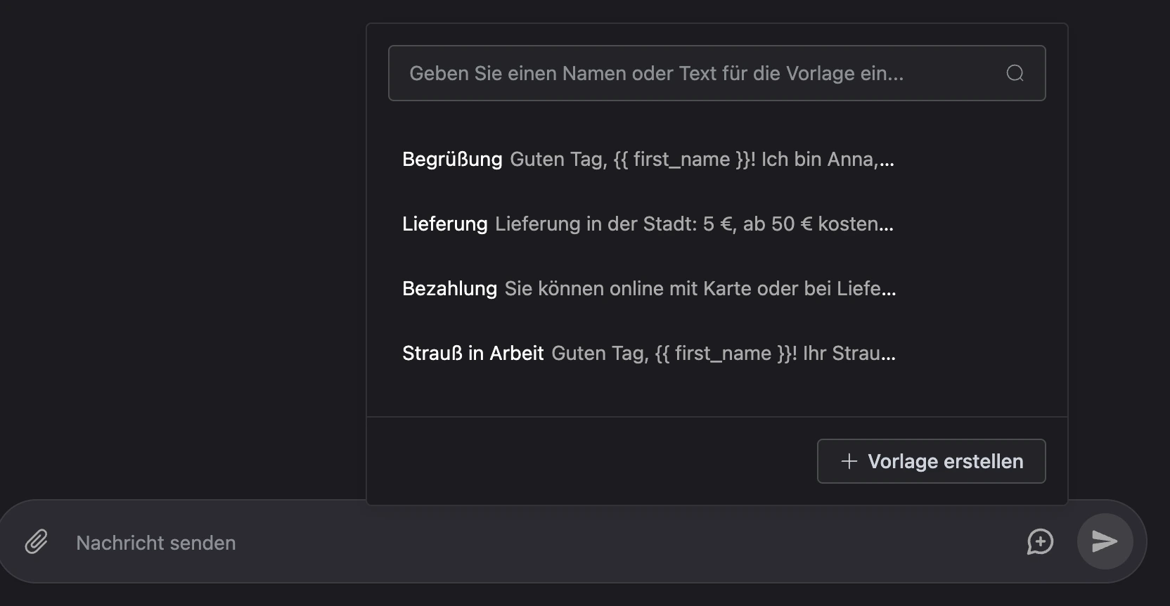 Fenster der Antwortvorlagen über dem Eingabefeld: Suche, Liste der Vorlagen und Button „Vorlage erstellen“