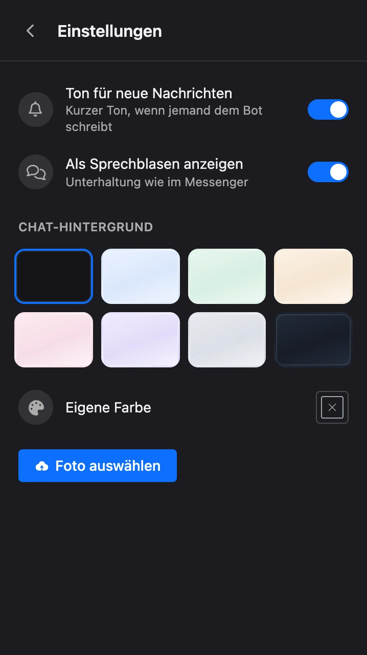 Einstellungen des Bereichs: Ton, Ansicht des Schriftverkehrs und Hintergrund