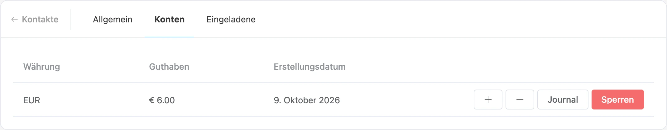 Der Tab „Konten“: Konto des Kontakts mit Saldo und Buttons