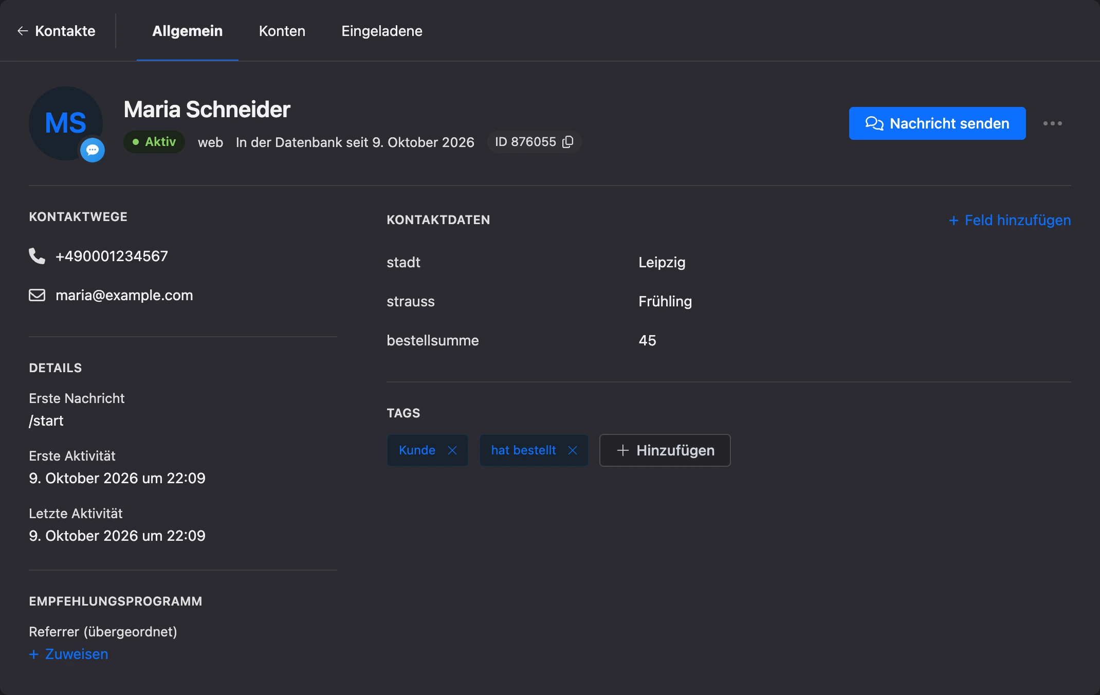 Kontaktkarte: Kopfbereich, Kontaktdaten, Datenfelder und Tags