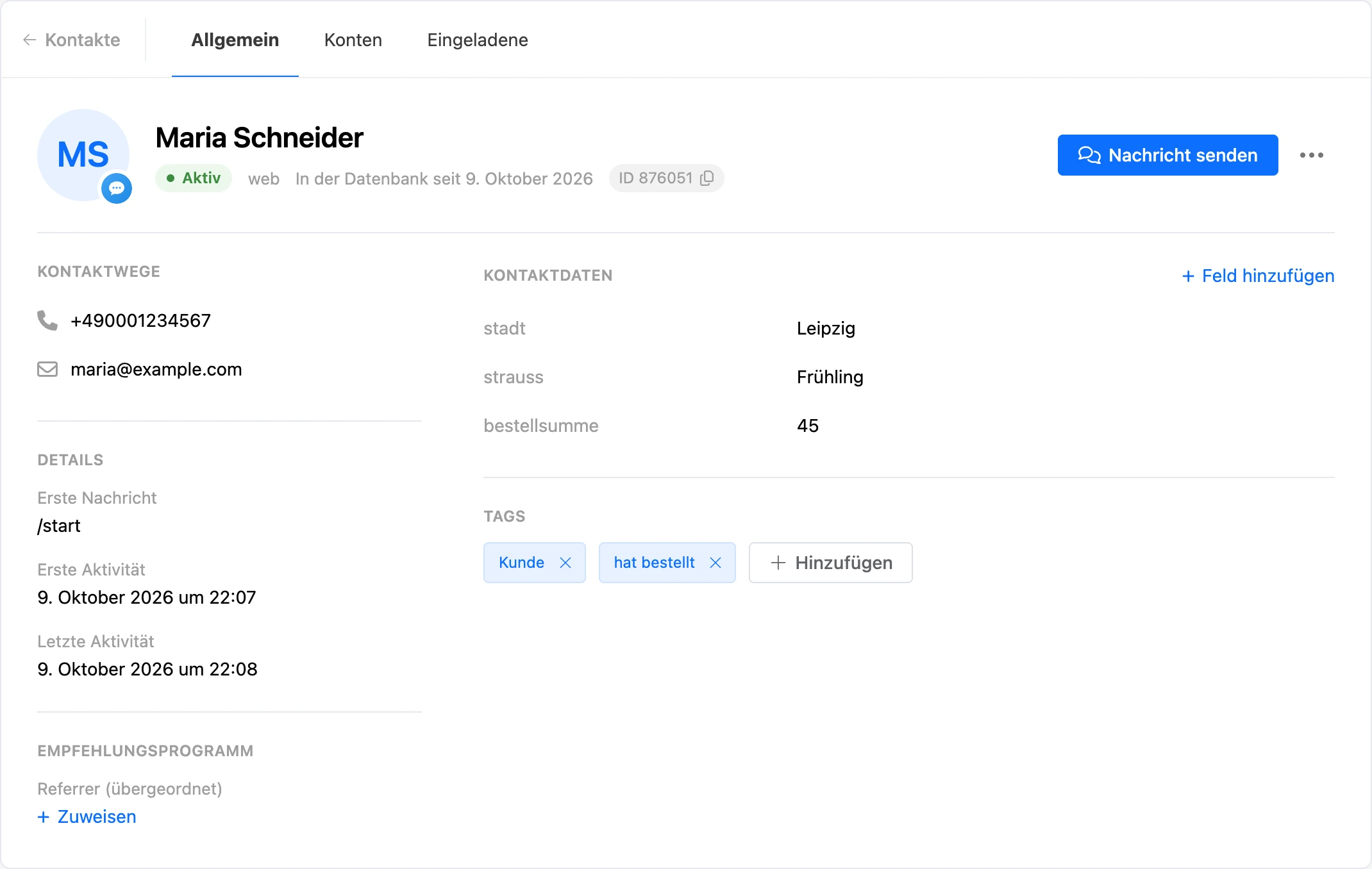 Kontaktkarte: Kopfbereich, Kontaktdaten, Datenfelder und Tags