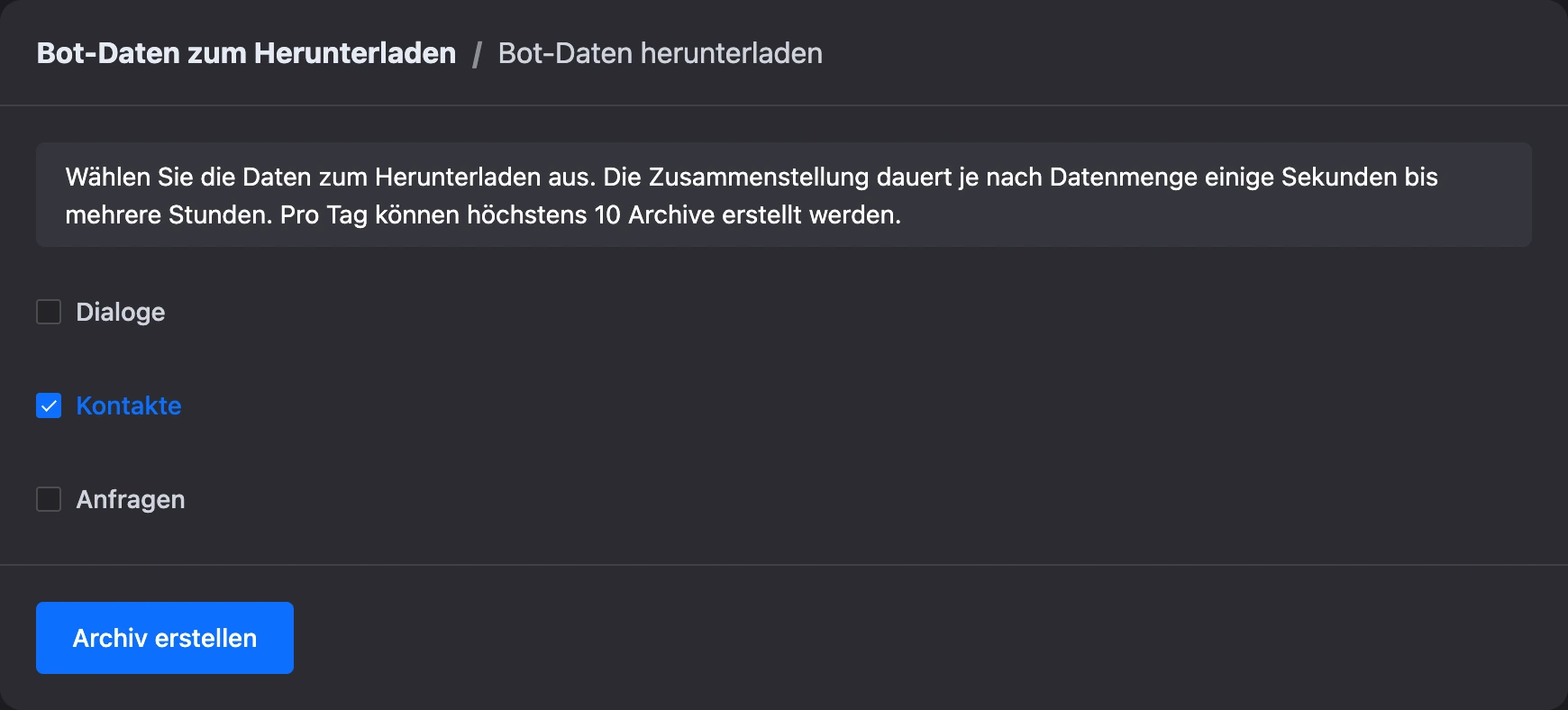 Die Seite „Bot-Daten herunterladen“ mit ausgewähltem Punkt „Kontakte“
